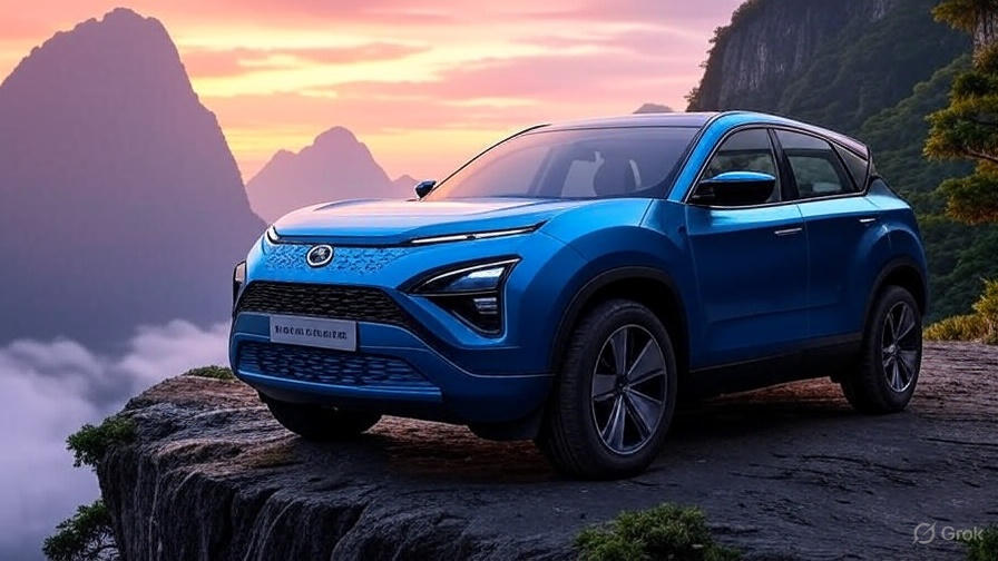 A futuristic Tata Harrier EV parked on a cliff with mountains and sunrise in the background