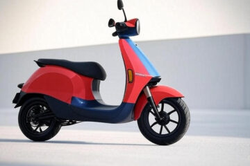 A high-resolution studio shot of OLA S1 X Gen 2 electric scooter in vibrant red and blue color options, clean white background, side profile view