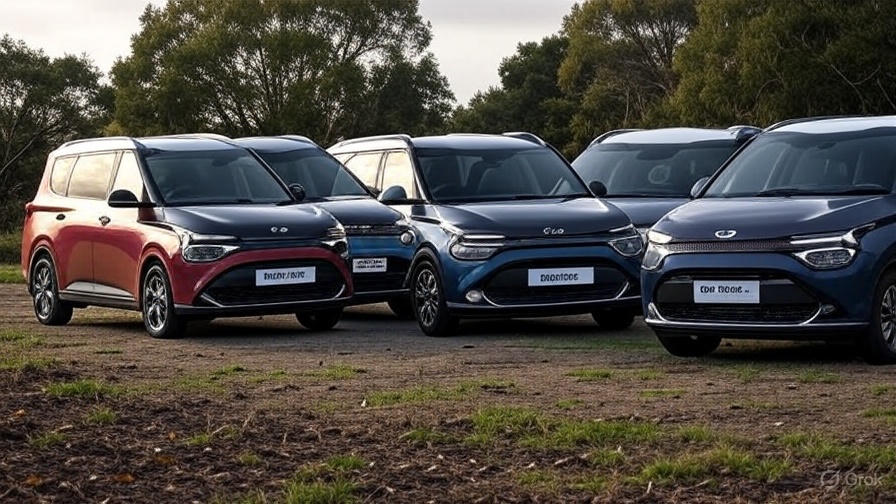 All 4 variants of Kia Carens Clavis EV lined up in a row – Premium, Prestige, Prestige+, and GT Line