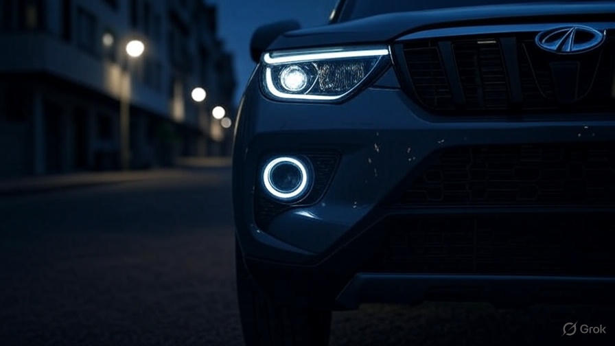 Close-up of Mahindra BE 6 front fascia with C-shaped LED DRLs lit up at night, showing grille and Mahindra's new logo