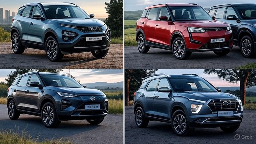 Comparison collage of Tata Harrier EV, Mahindra XUV.e8, MG ZS EV, and Hyundai Creta EV