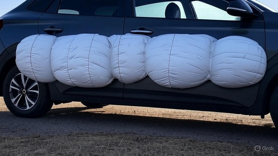 Crash-tested Kia Carens Clavis EV showing airbags deployed and crumple zones intact