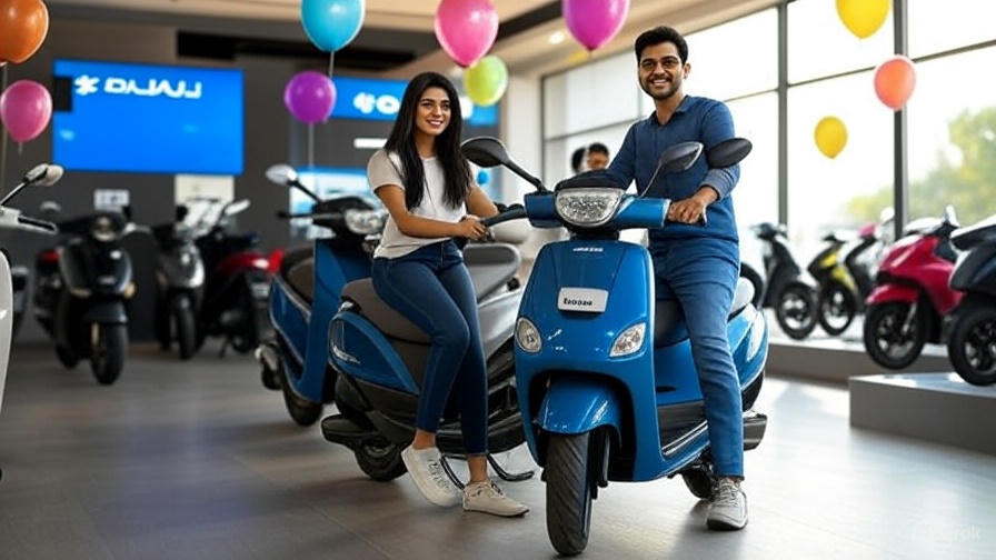 Customer taking delivery of a brand-new Bajaj Chetak at a Bajaj showroom decorated with balloons