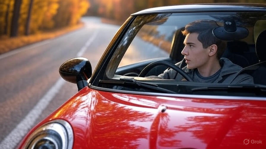 Driver behind the wheel of the MINI SE on a twisty road with tumn leaves