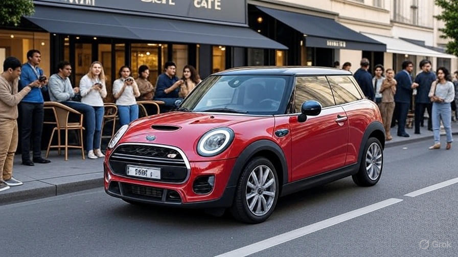 MINI-Cooper-SE-parked-in-front-of-a-luxury-cafe-with-people