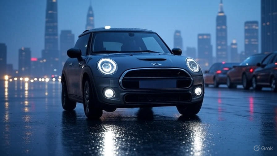MINI SE driving through raindrops