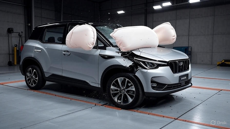Mahindra BE 6 displayed in a crash test facility with safety sensors, airbags deployed, and safety rating banners