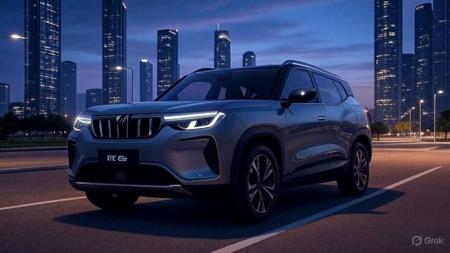 Mahindra BE 6 electric SUV parked on a futuristic city road during twilight, with LED lights glowing and modern skyline in the background