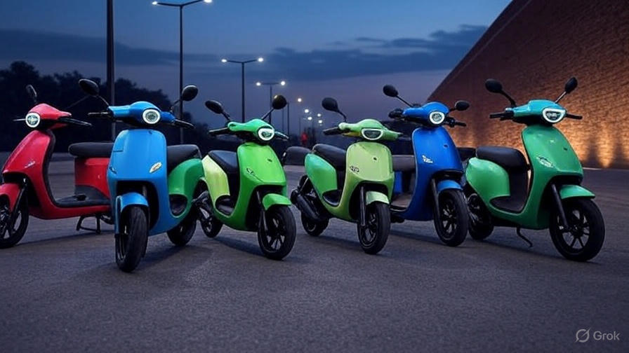 OLA S1 X Gen 2 lineup in 7 color variants, arranged in a semi-circle on an urban backdrop