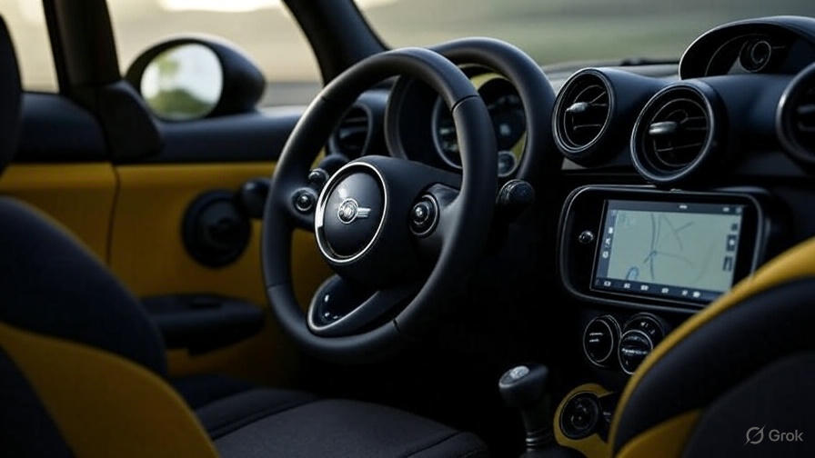 Panoramic interior view of MINI Cooper SE with yellow accents and touchscreen display