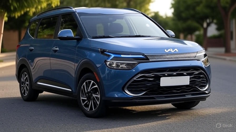 Side profile of the Kia Carens Clavis EV in matte blue color, with LED DRLs and signature tiger-nose grille