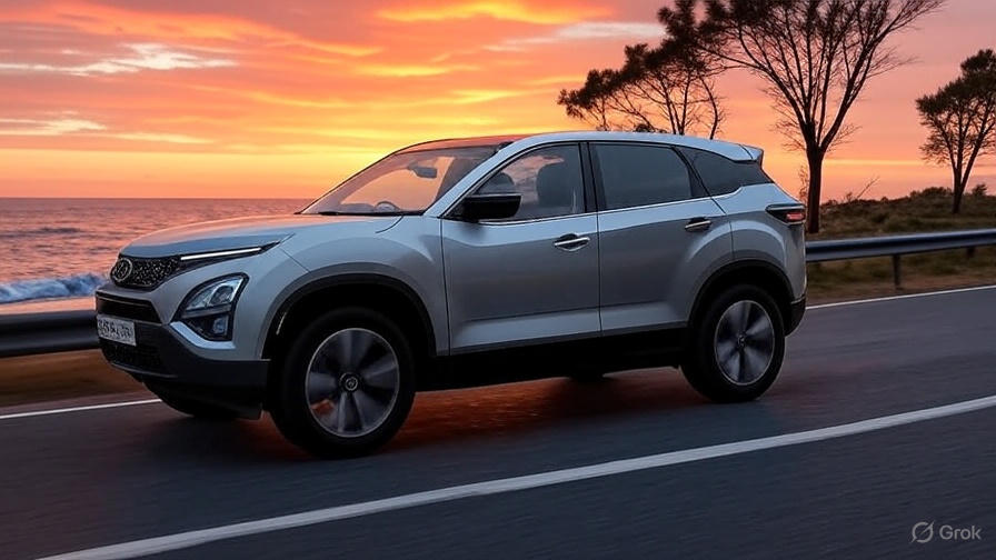 Side view of Tata Harrier EV driving on a coastal road during sunset