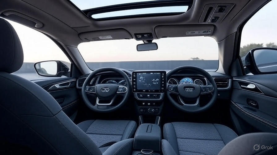 Tata Harrier EV interior showcasing dashboard, 12.3-inch touchscreen, and panoramic sunroof
