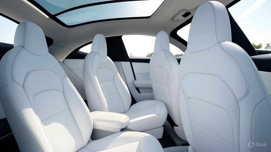 Tesla Model Y interior with white vegan leather seats and panoramic glass roof