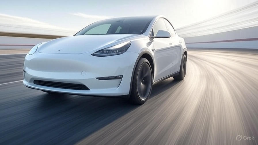 Tesla Model Y racing down a high-speed test track with motion blur