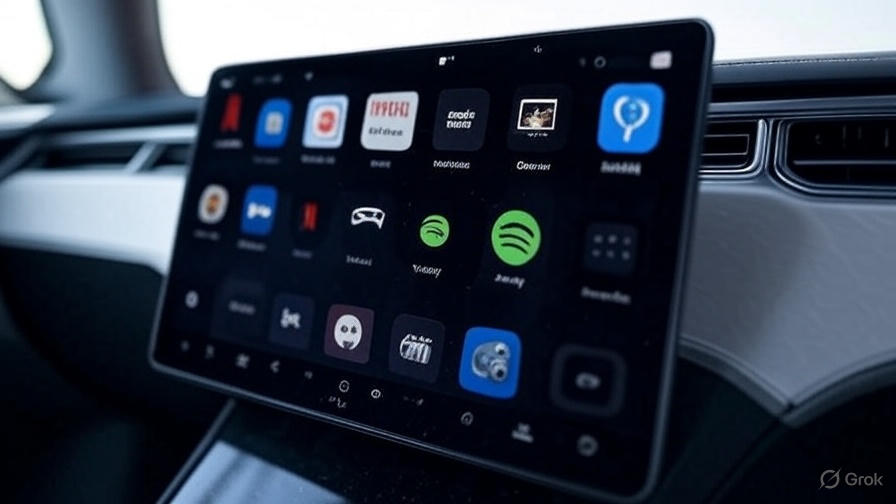 Tesla touchscreen showing Netflix, navigation, games, and Spotify